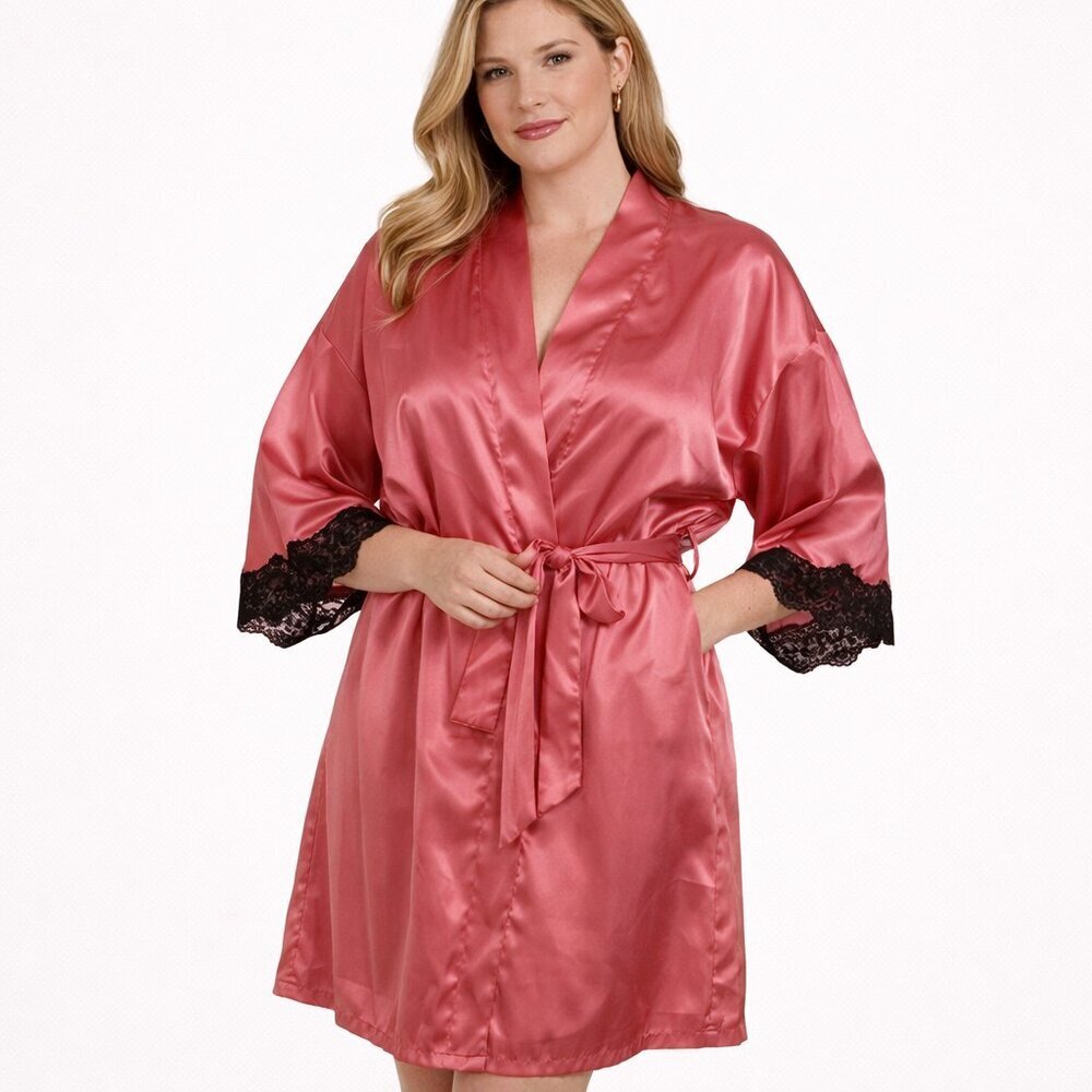 Fredericks of Hollywood Pink Lace Silky Wrap Robe Black Lace Trim Size Medium